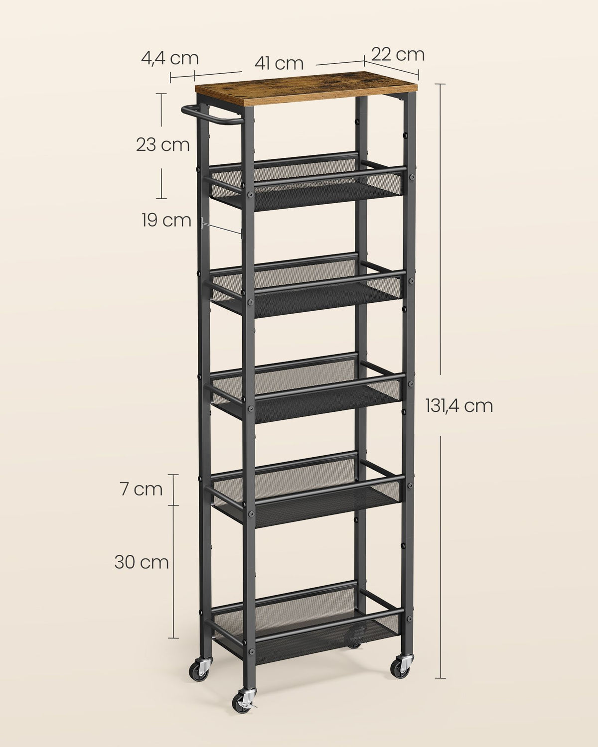 6-Tier Narrow Rolling Kitchen Cart — Rustic Brown and Matte Black