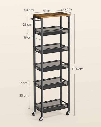 6-Tier Narrow Rolling Kitchen Cart — Rustic Brown and Matte Black