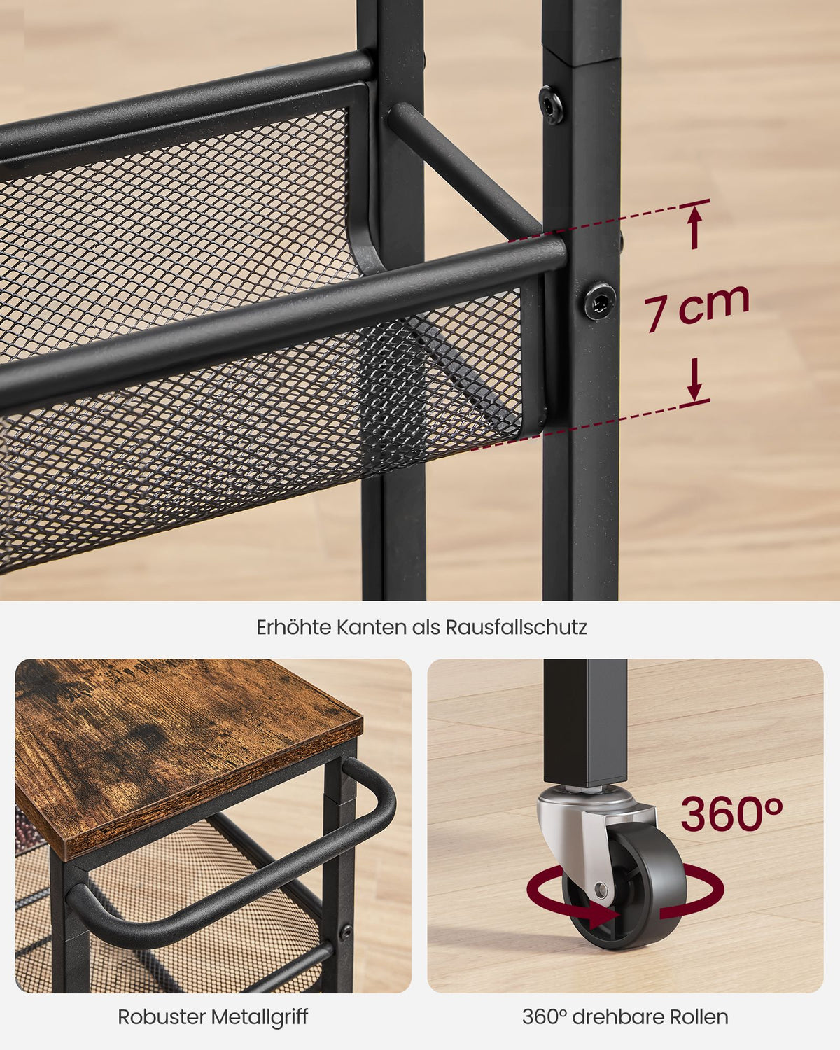 6-Tier Narrow Rolling Kitchen Cart — Rustic Brown and Matte Black