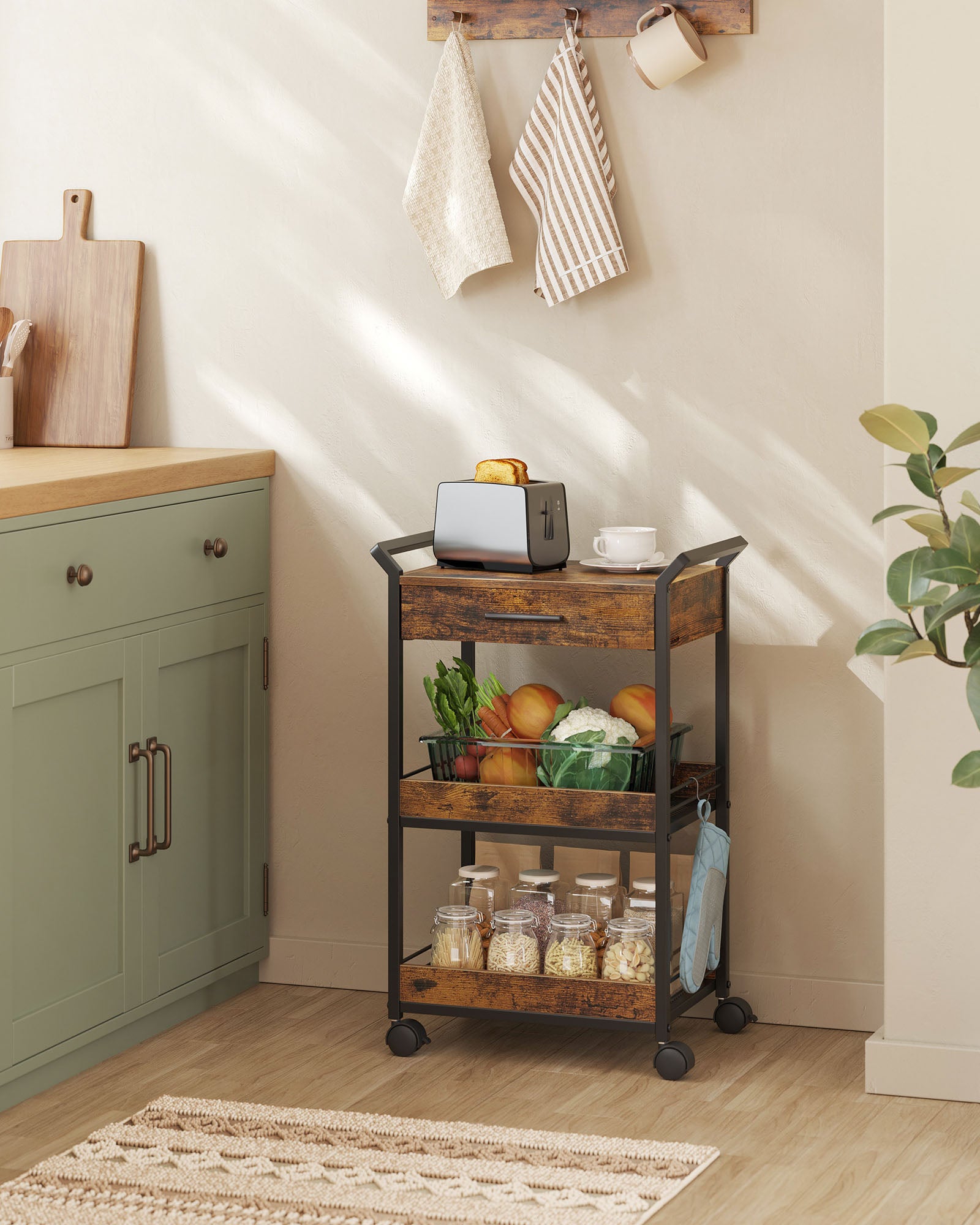 3-Tier Rolling Utility Cart with Table Top, Handles - HWLEXTRA 