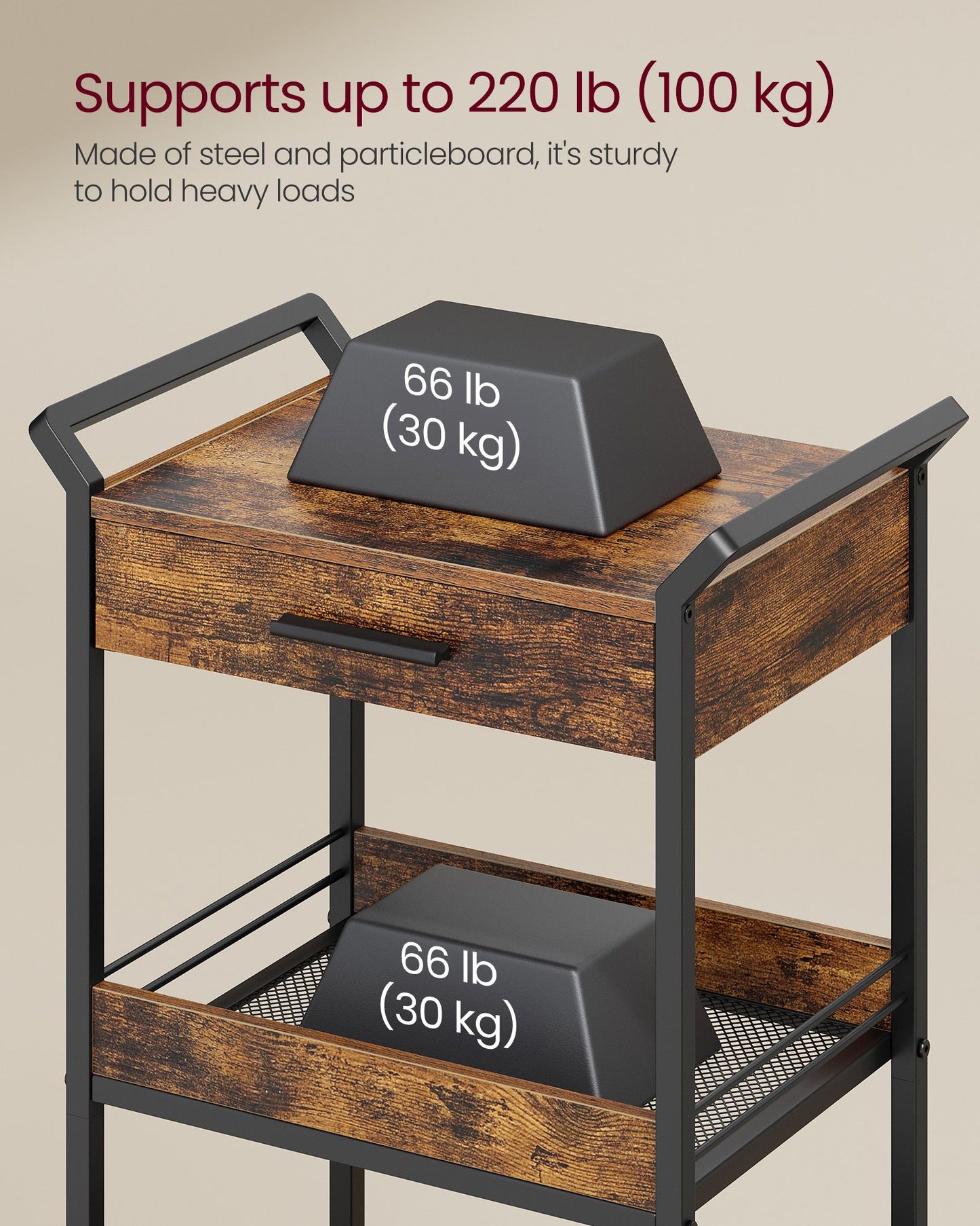 3-Tier Rolling Utility Cart with Table Top, Handles - HWLEXTRA 