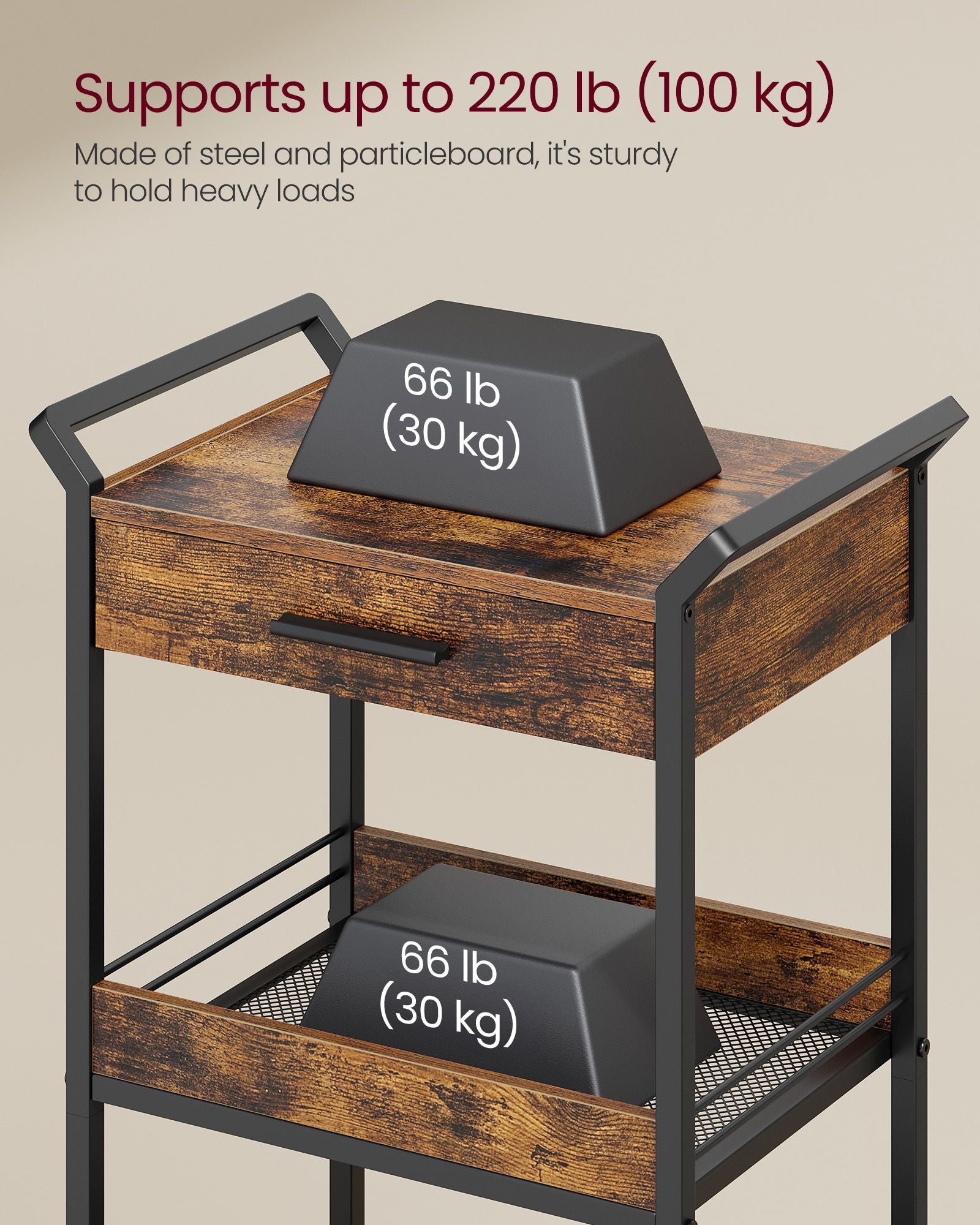 3-Tier Rolling Utility Cart with Table Top, Handles - HWLEXTRA 