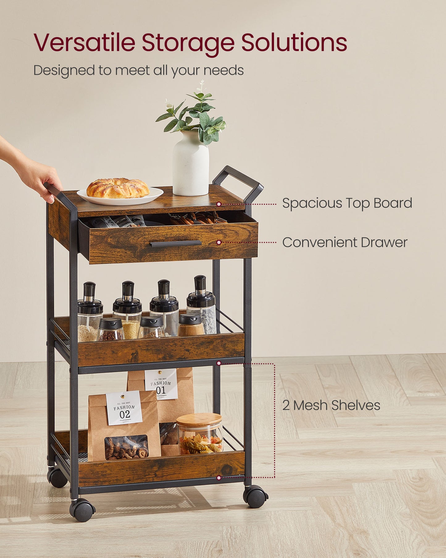 3-Tier Rolling Utility Cart with Table Top, Handles - HWLEXTRA 