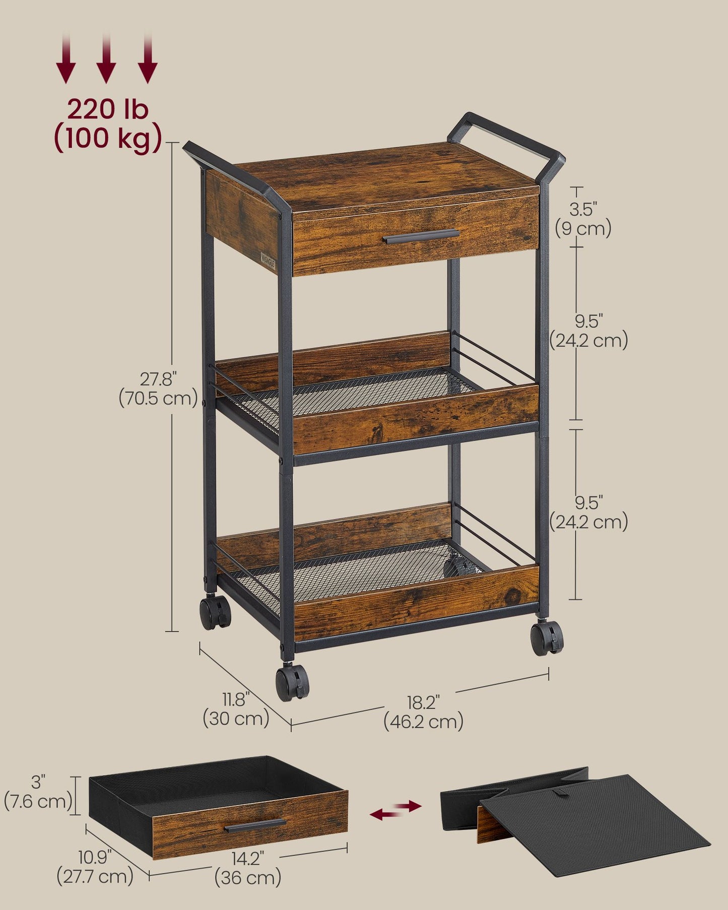 3-Tier Rolling Utility Cart with Table Top, Handles - HWLEXTRA 