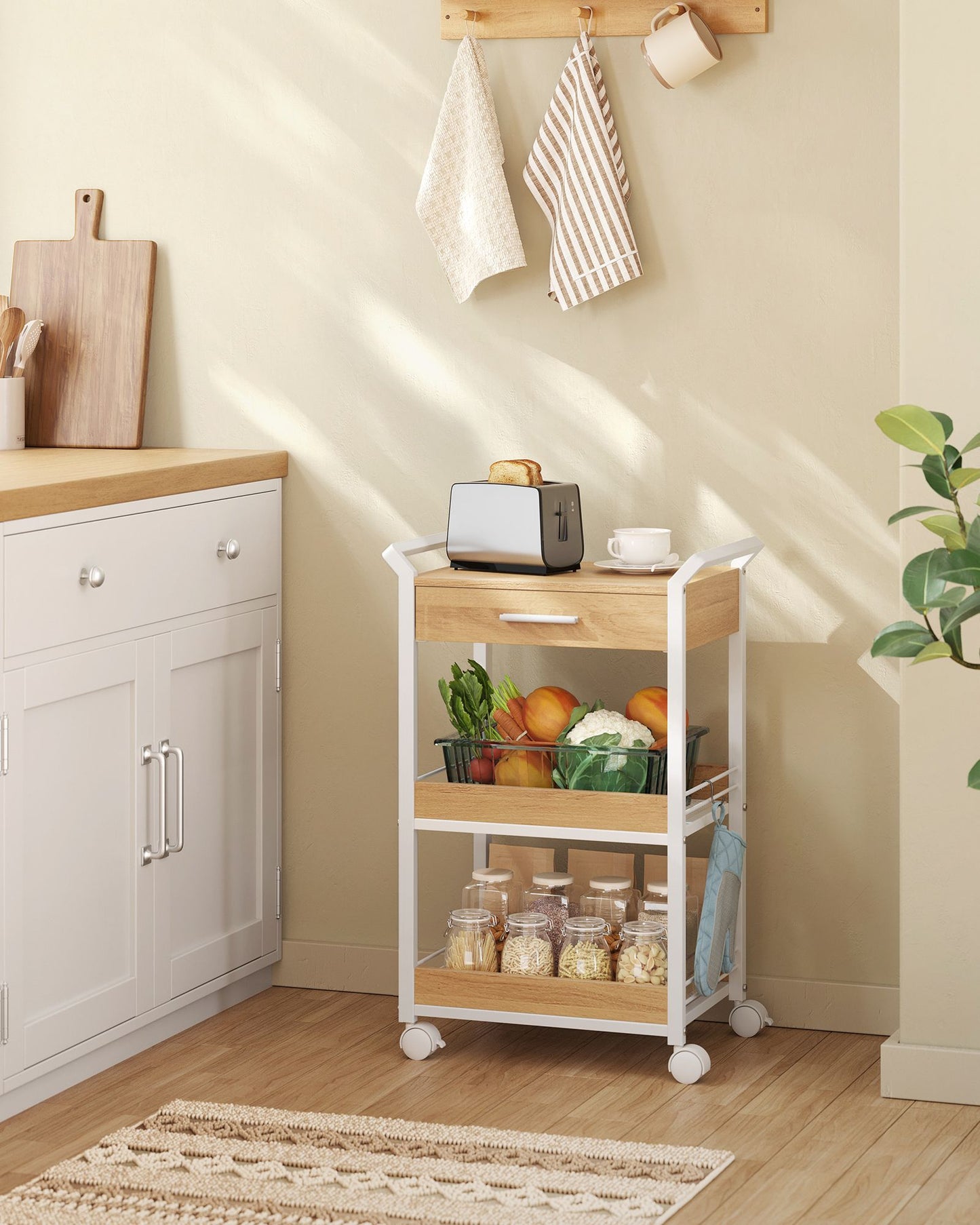 3-Tier Rolling Utility Cart with Table Top, Handles - HWLEXTRA 