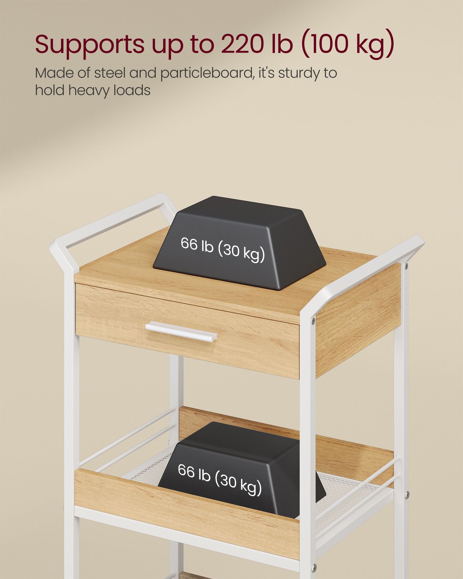 3-Tier Rolling Utility Cart with Table Top, Handles - HWLEXTRA 