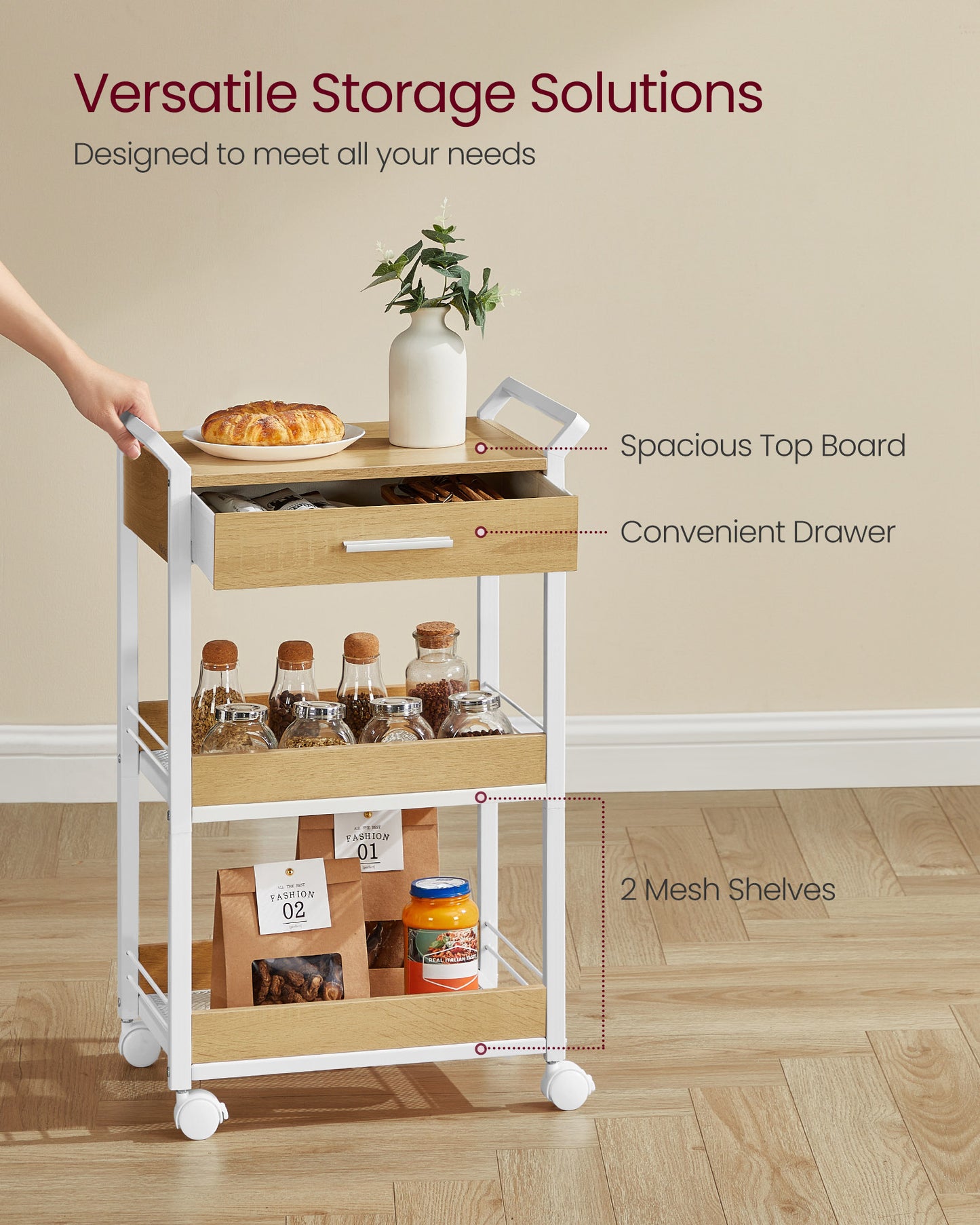 3-Tier Rolling Utility Cart with Table Top, Handles - HWLEXTRA 