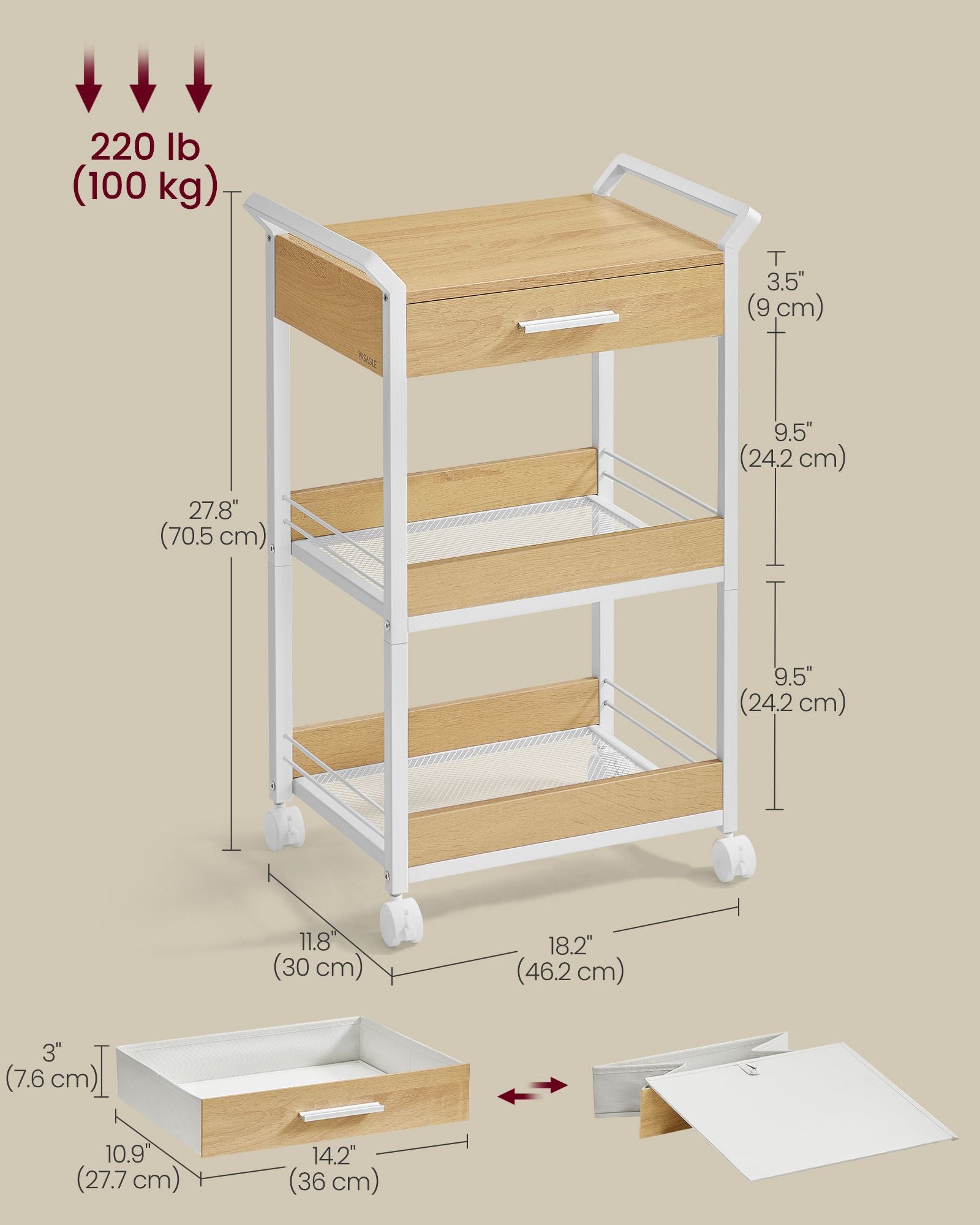 3-Tier Rolling Utility Cart with Table Top, Handles - HWLEXTRA 