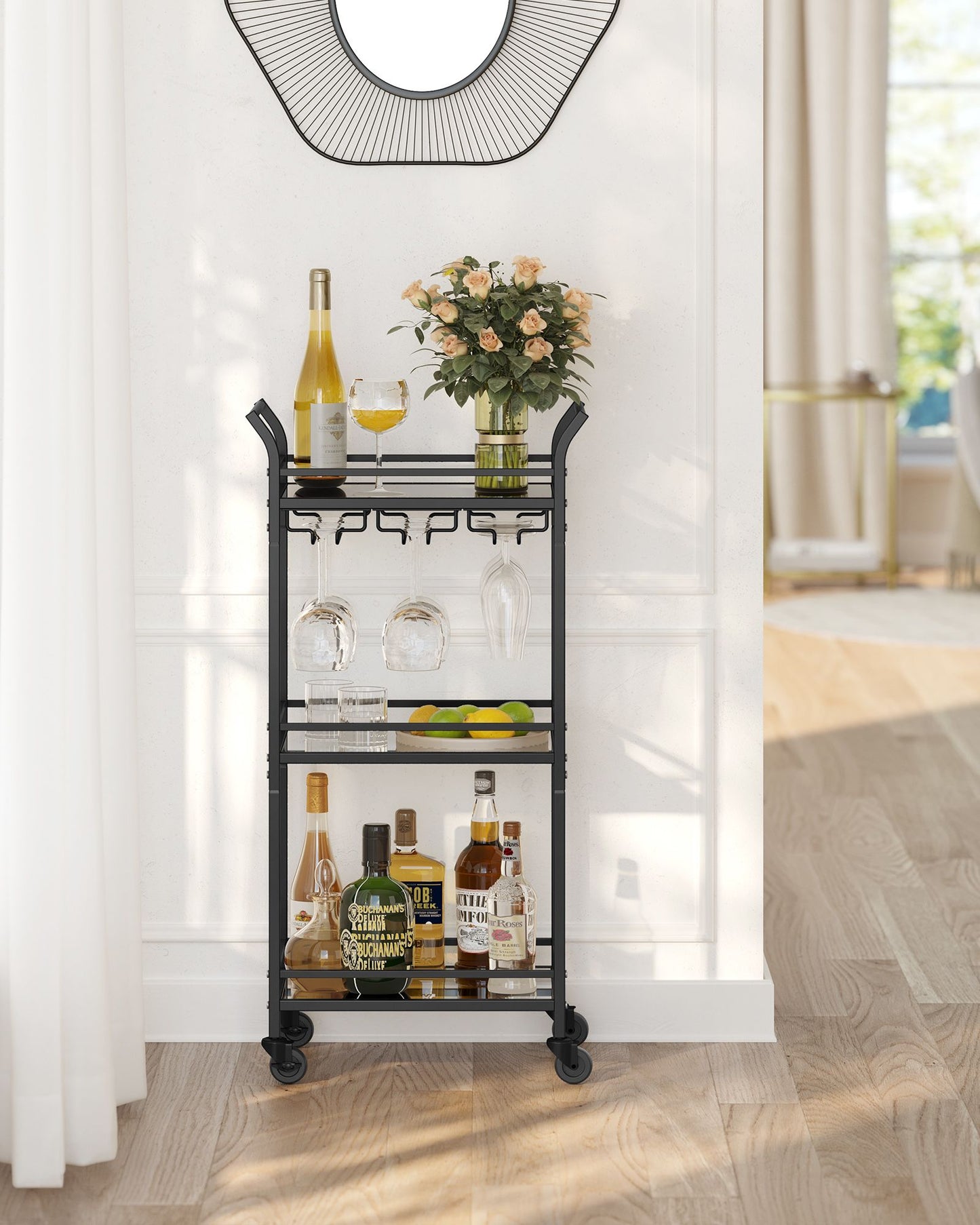 Small Bar Cart With 3-Tier Mirrored Shelf