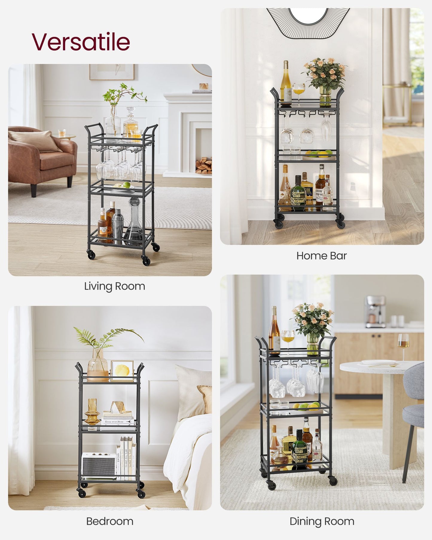 Small Bar Cart With 3-Tier Mirrored Shelf