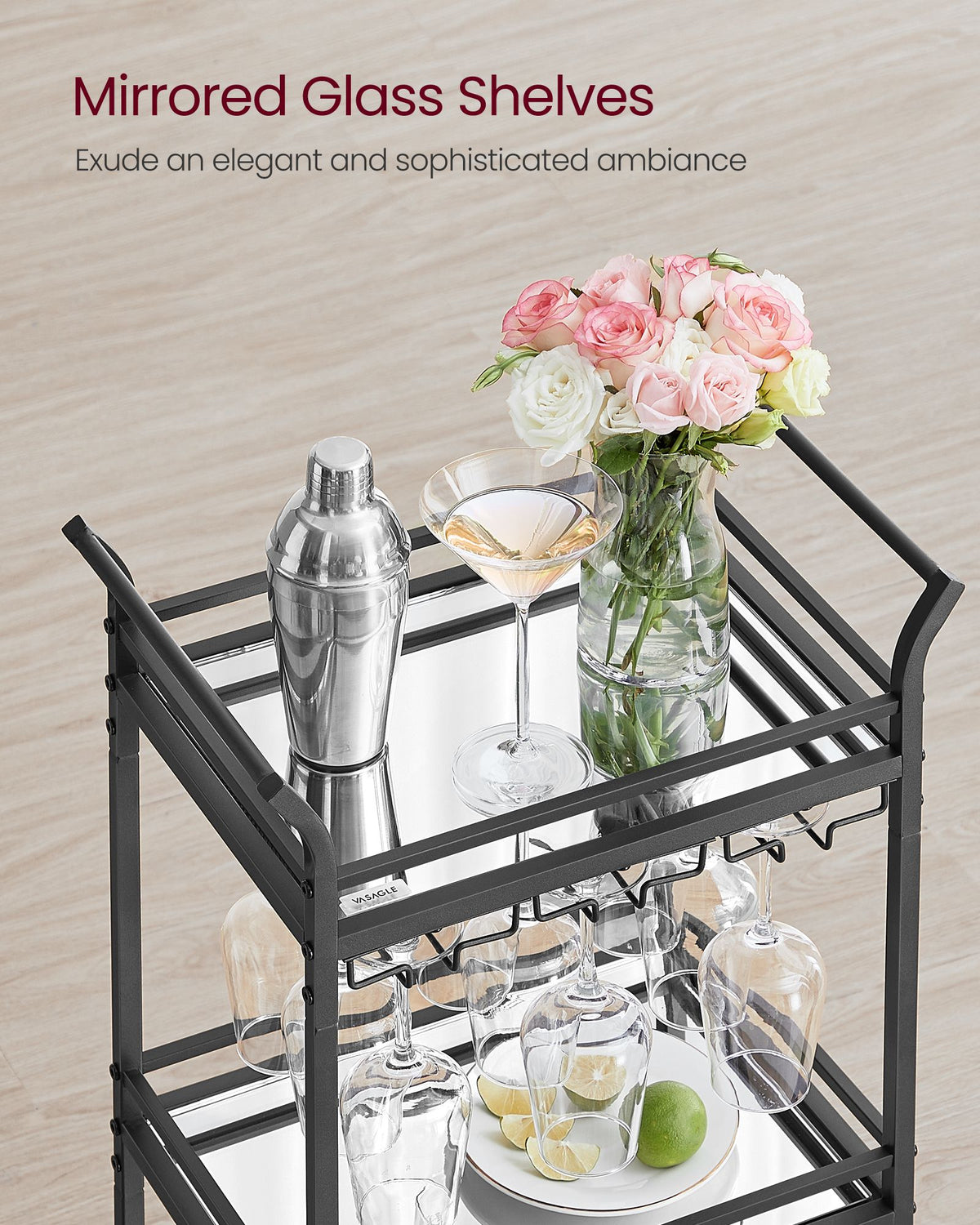 Small Bar Cart With 3-Tier Mirrored Shelf