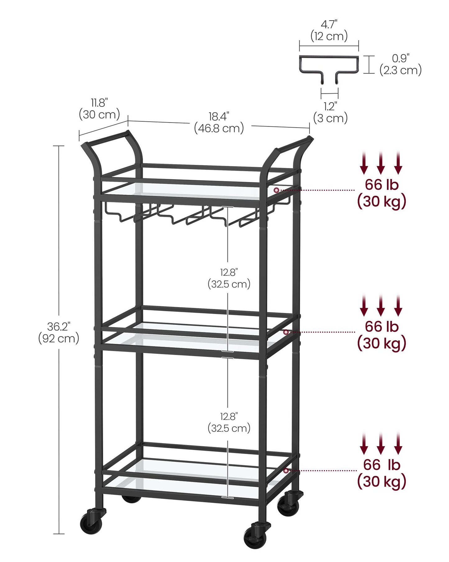 Small Bar Cart With 3-Tier Mirrored Shelf