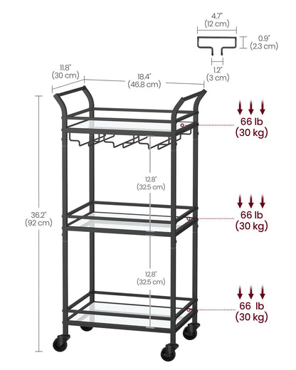 Small Bar Cart With 3-Tier Mirrored Shelf