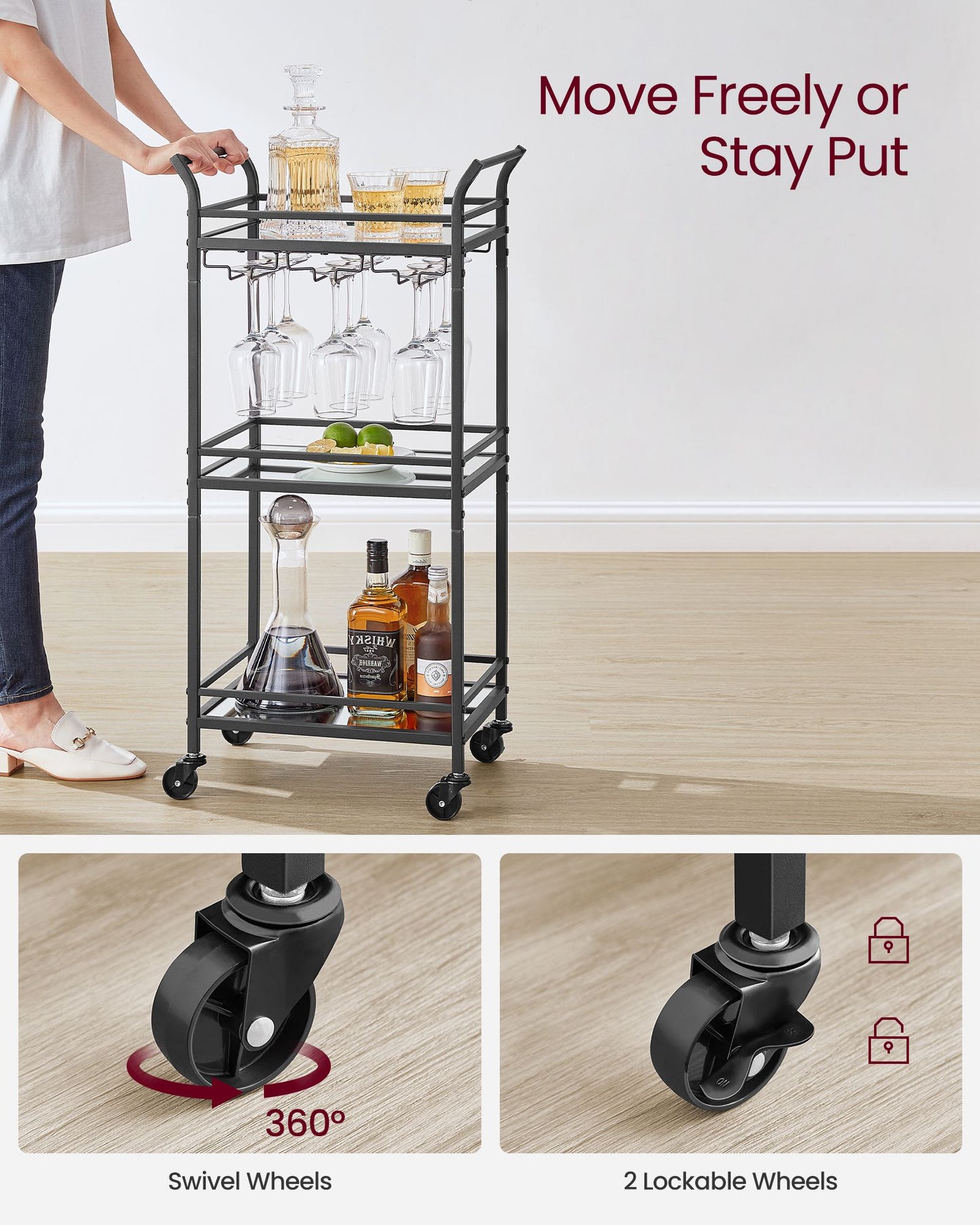 Small Bar Cart With 3-Tier Mirrored Shelf