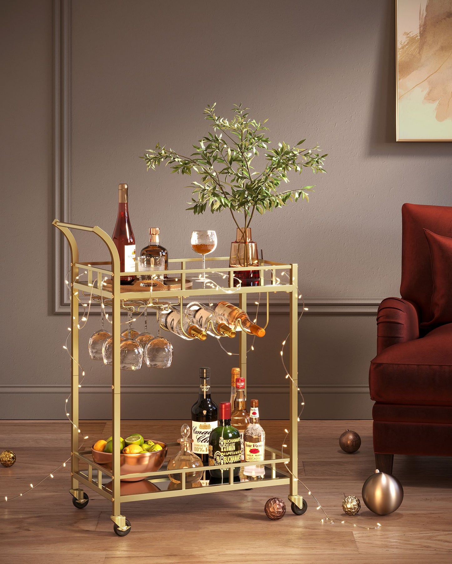Home Bar Serving Cart with 2 Mirrored Shelves