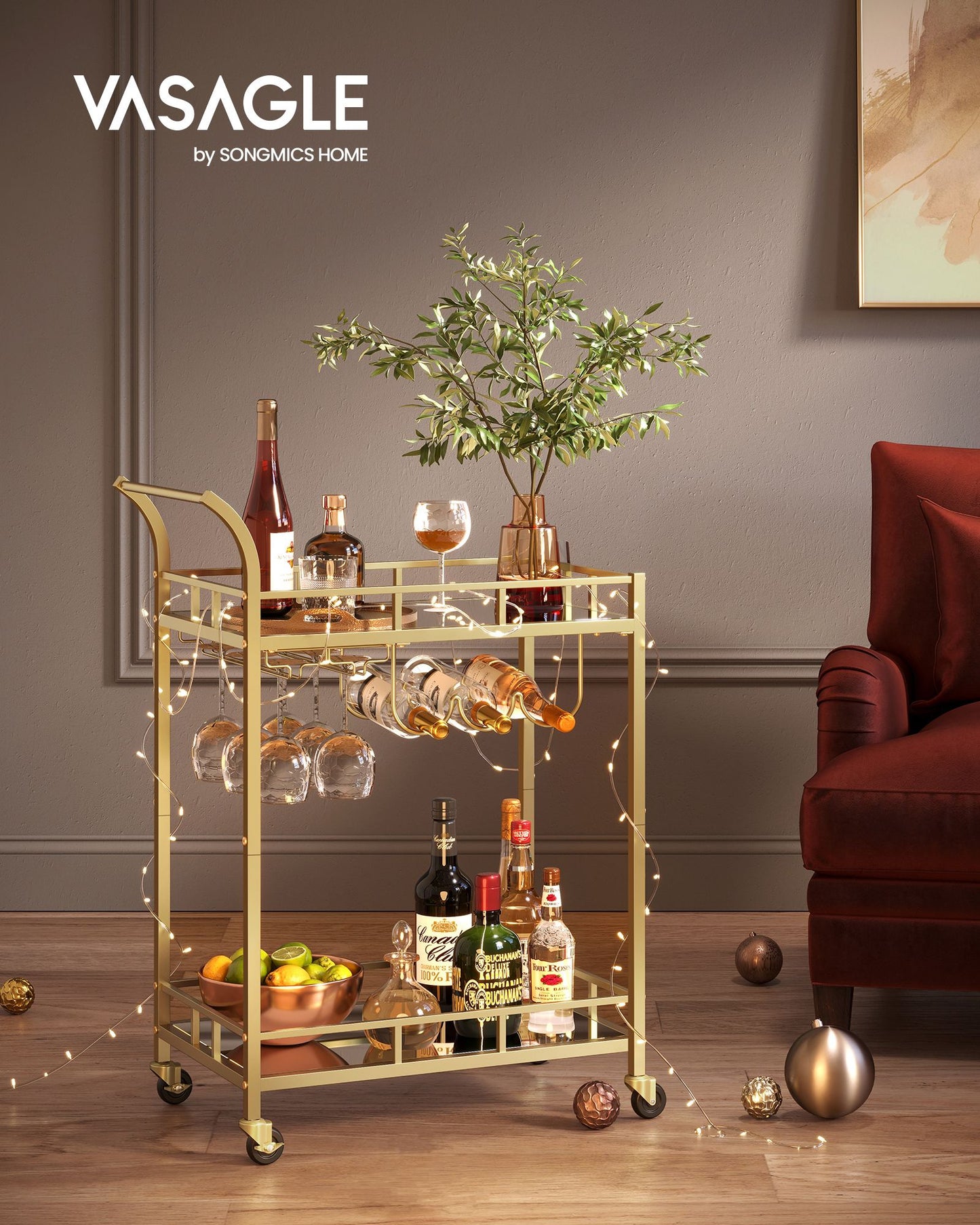 Home Bar Serving Cart with 2 Mirrored Shelves