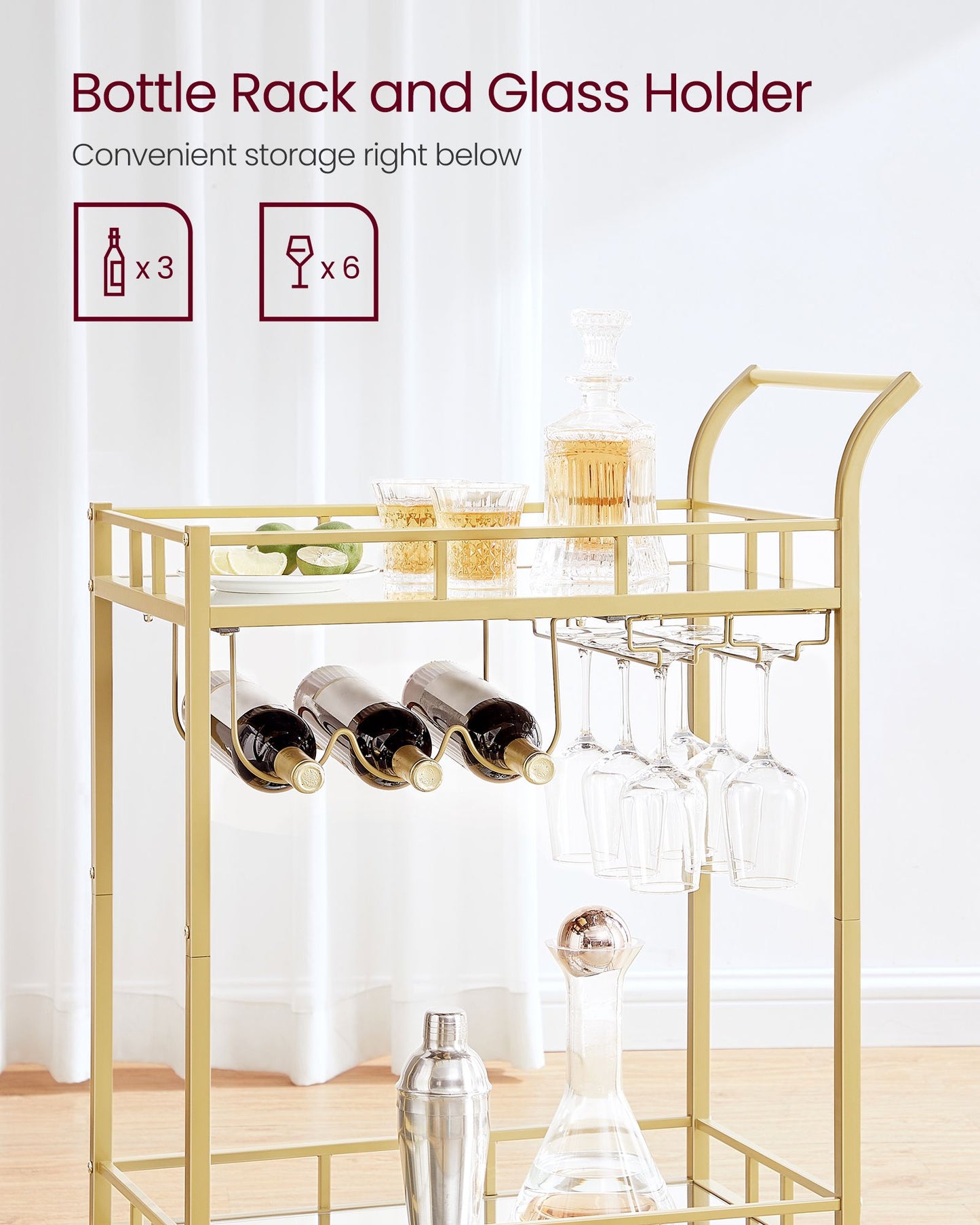 Home Bar Serving Cart with 2 Mirrored Shelves