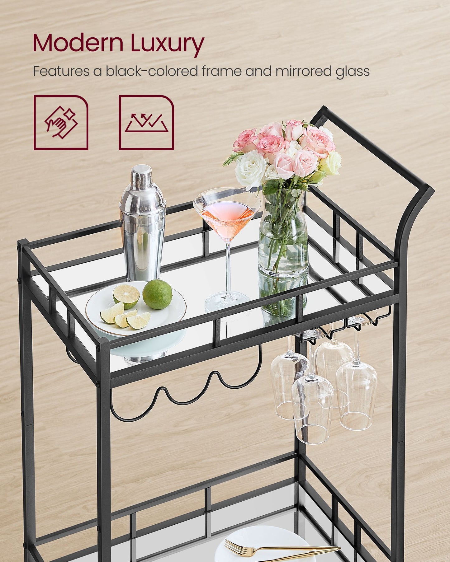 Home Bar Serving Cart with 2 Mirrored Shelves