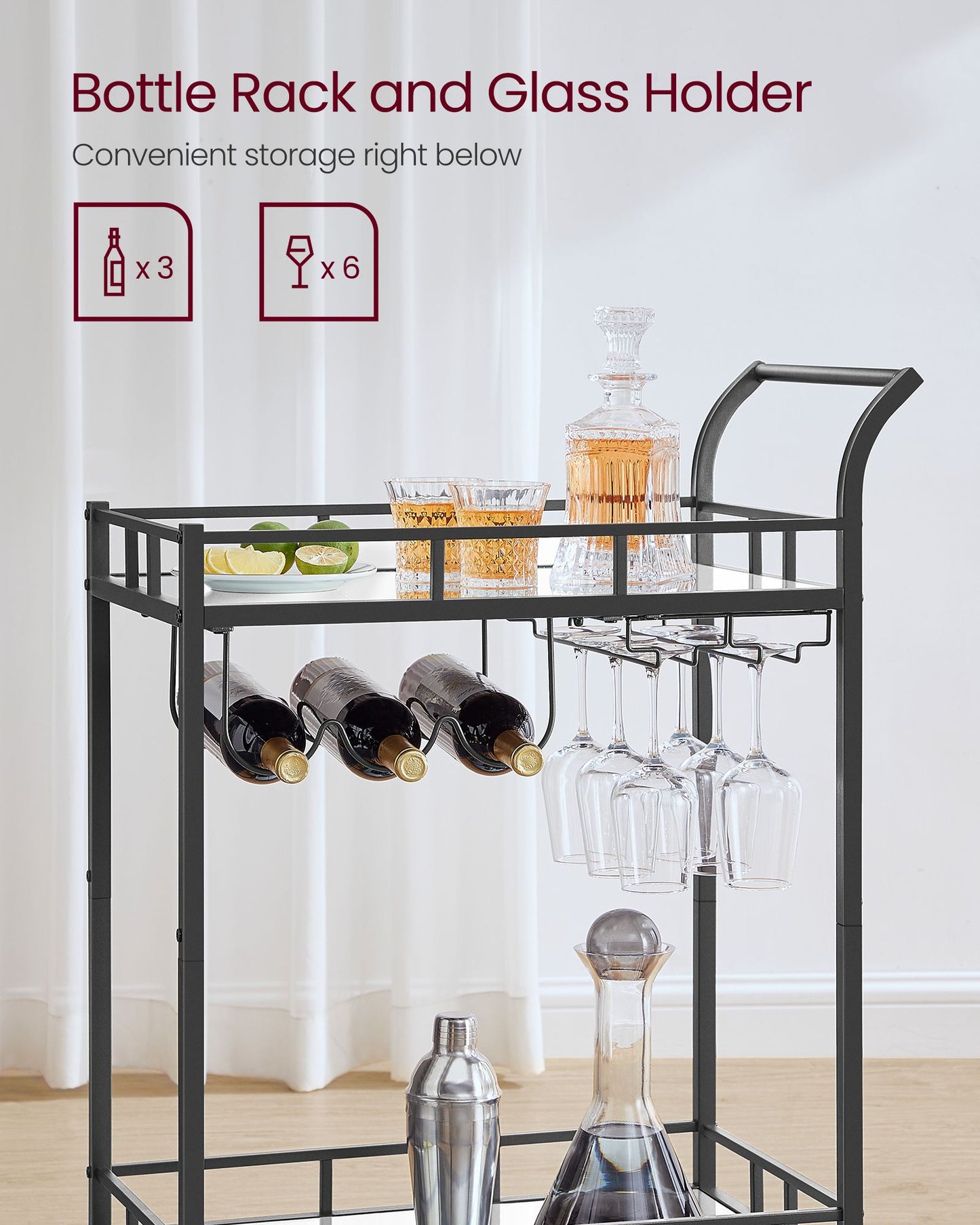 Home Bar Serving Cart with 2 Mirrored Shelves