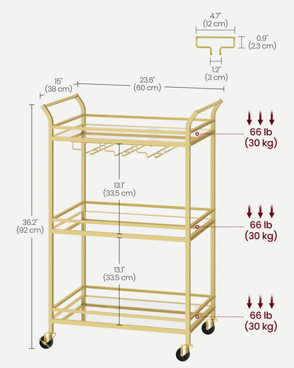 Home Bar Serving Cart with 3-Tier Shelf