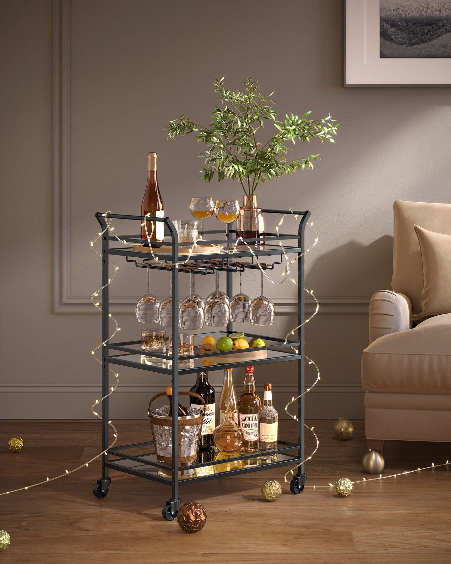 Home Bar Serving Cart with 3-Tier Shelf