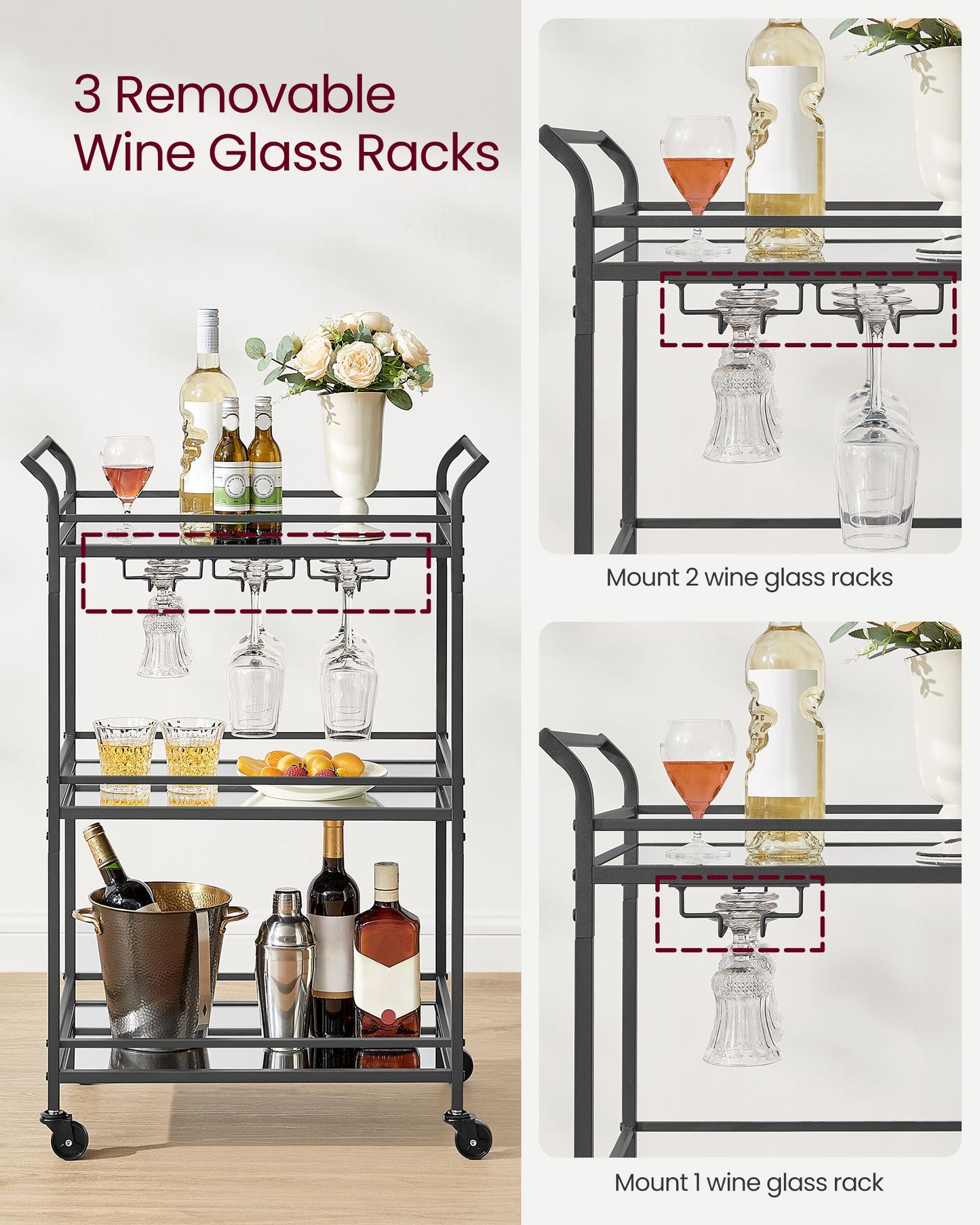 Home Bar Serving Cart with 3-Tier Shelf
