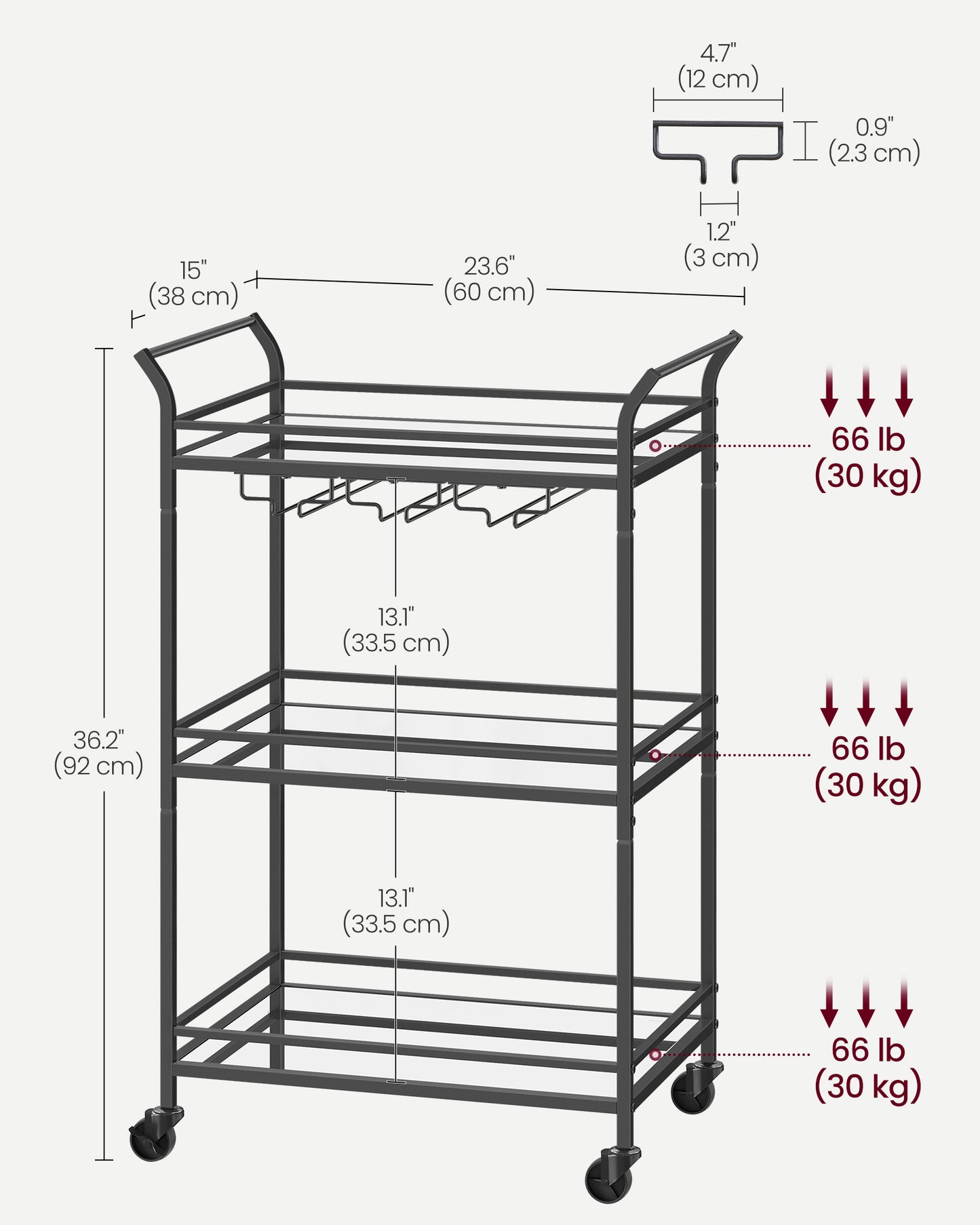 Home Bar Serving Cart with 3-Tier Shelf