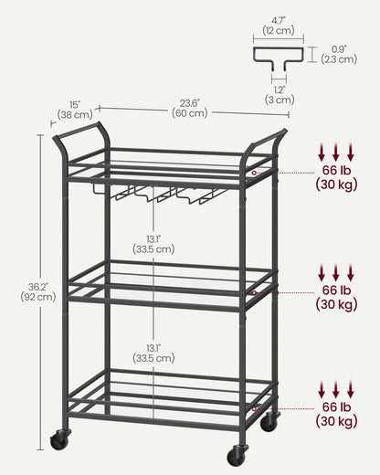 Home Bar Serving Cart with 3-Tier Shelf