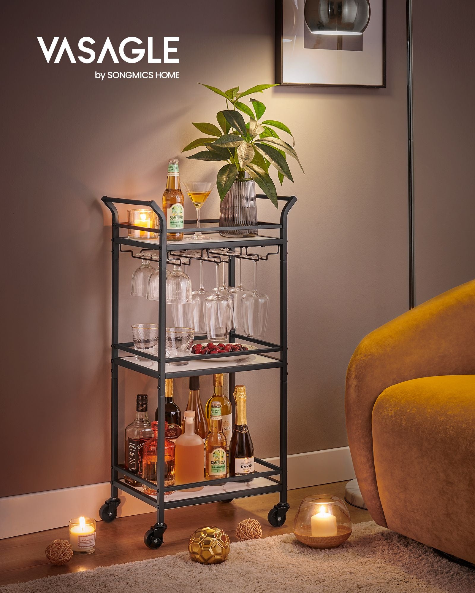 Small Bar Cart with 3-Tier Shelf - HWLEXTRA 