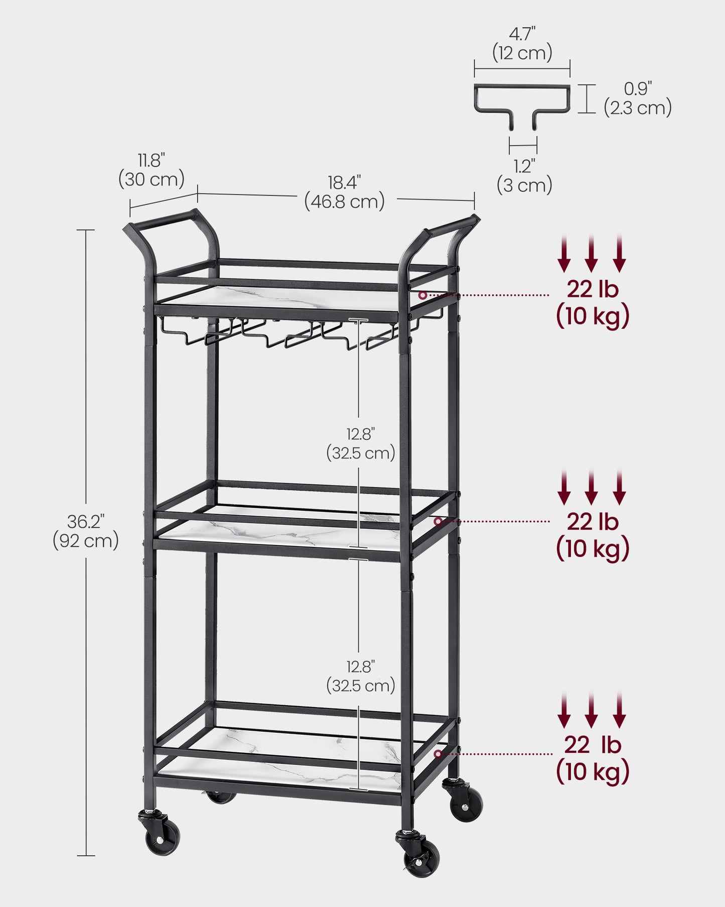 Small Bar Cart with 3-Tier Shelf - HWLEXTRA 
