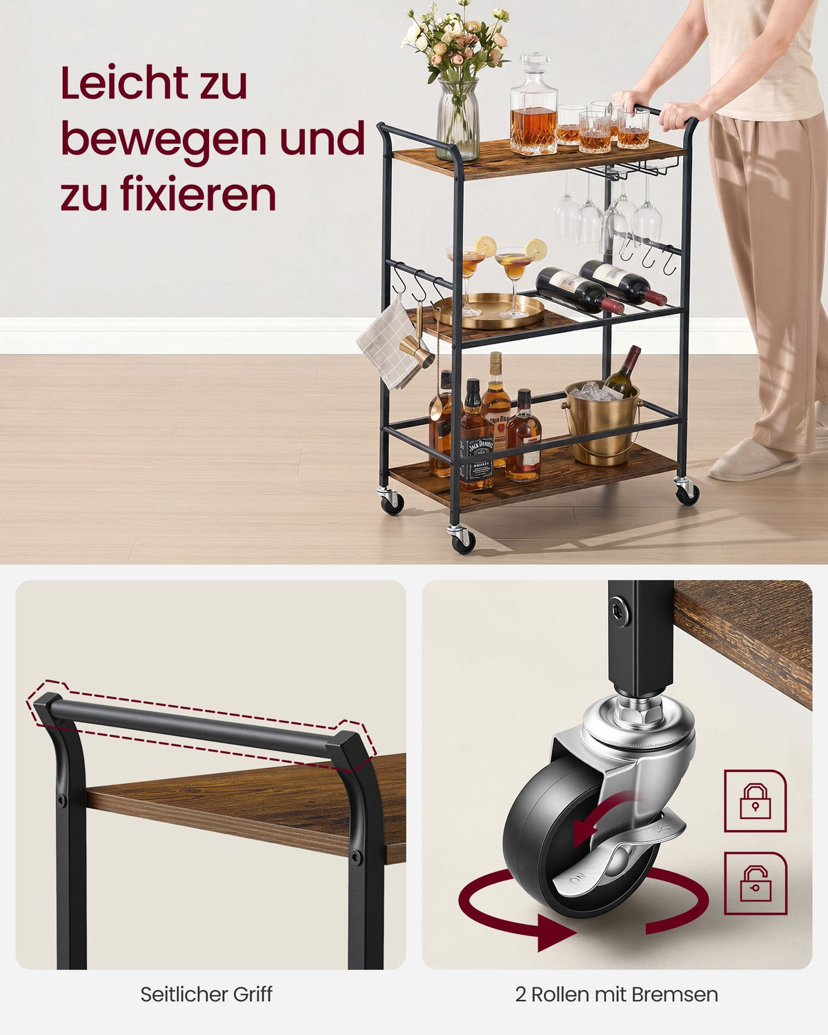 Rustic Brown and Matt Black Serving Trolley with Wine Rack