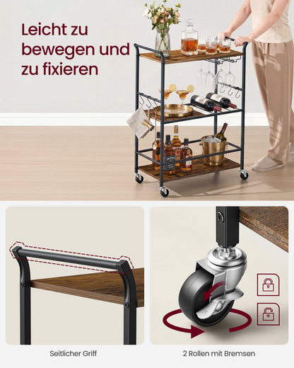 Rustic Brown and Matt Black Serving Trolley with Wine Rack