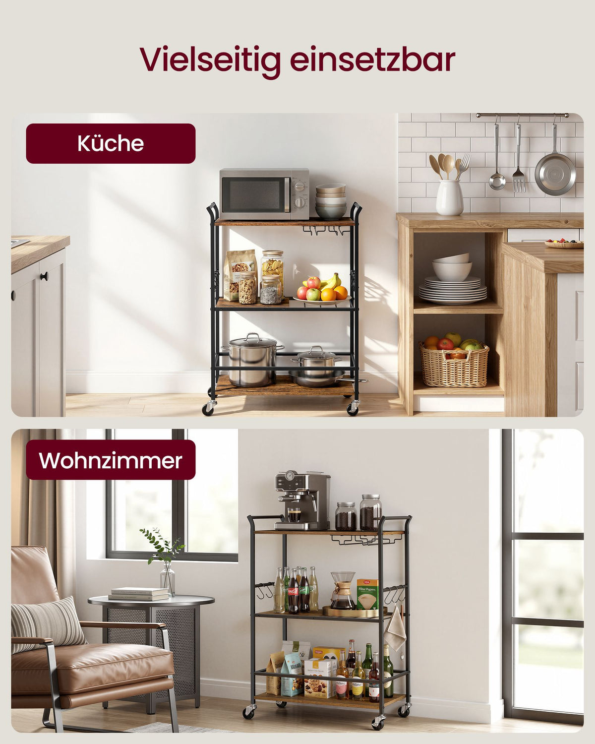 Rustic Brown and Matt Black Serving Trolley with Wine Rack