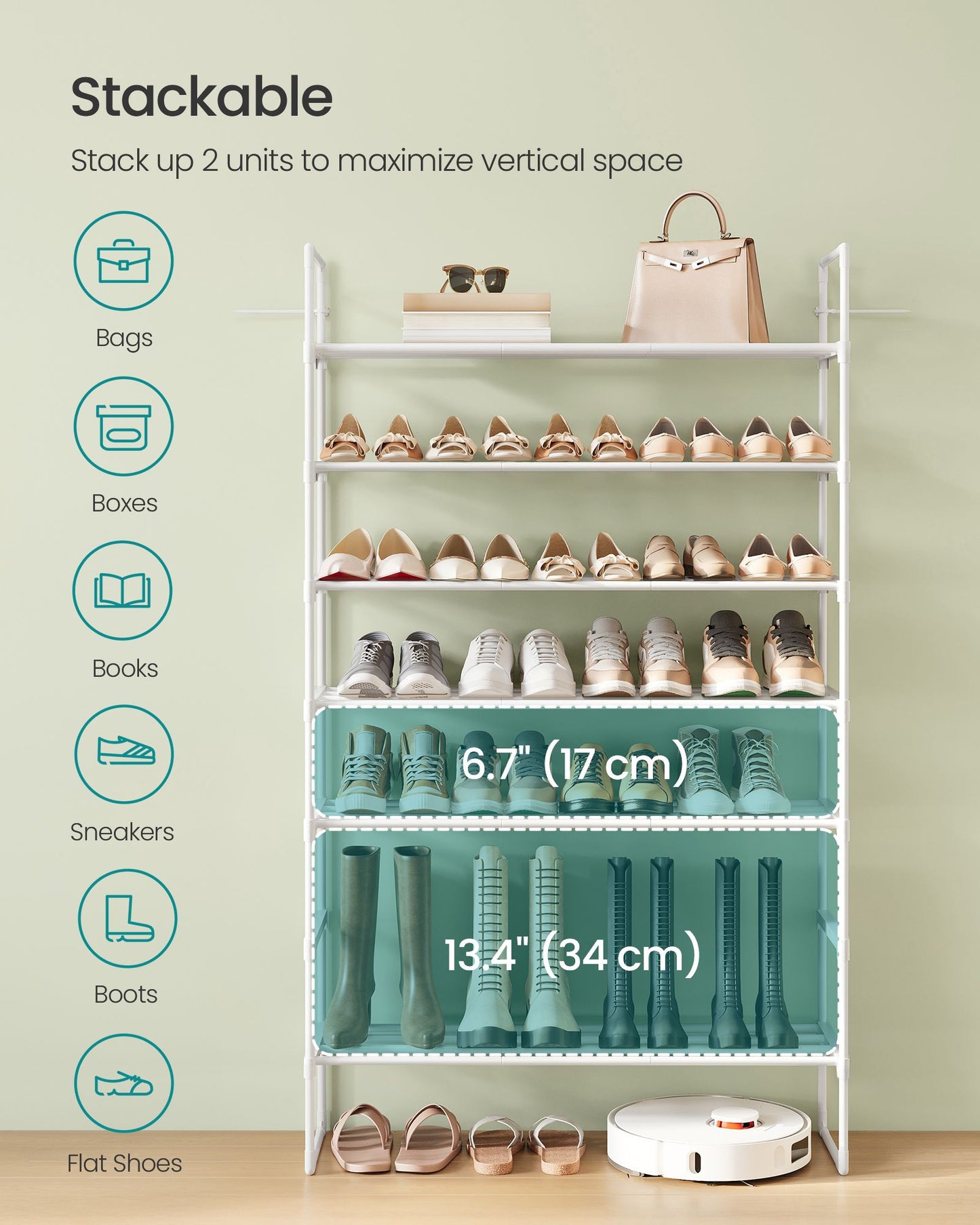 Shoe Rack, 4-Tier Shoe Organizer, Metal Storage Shelf, Upright or Upside Down