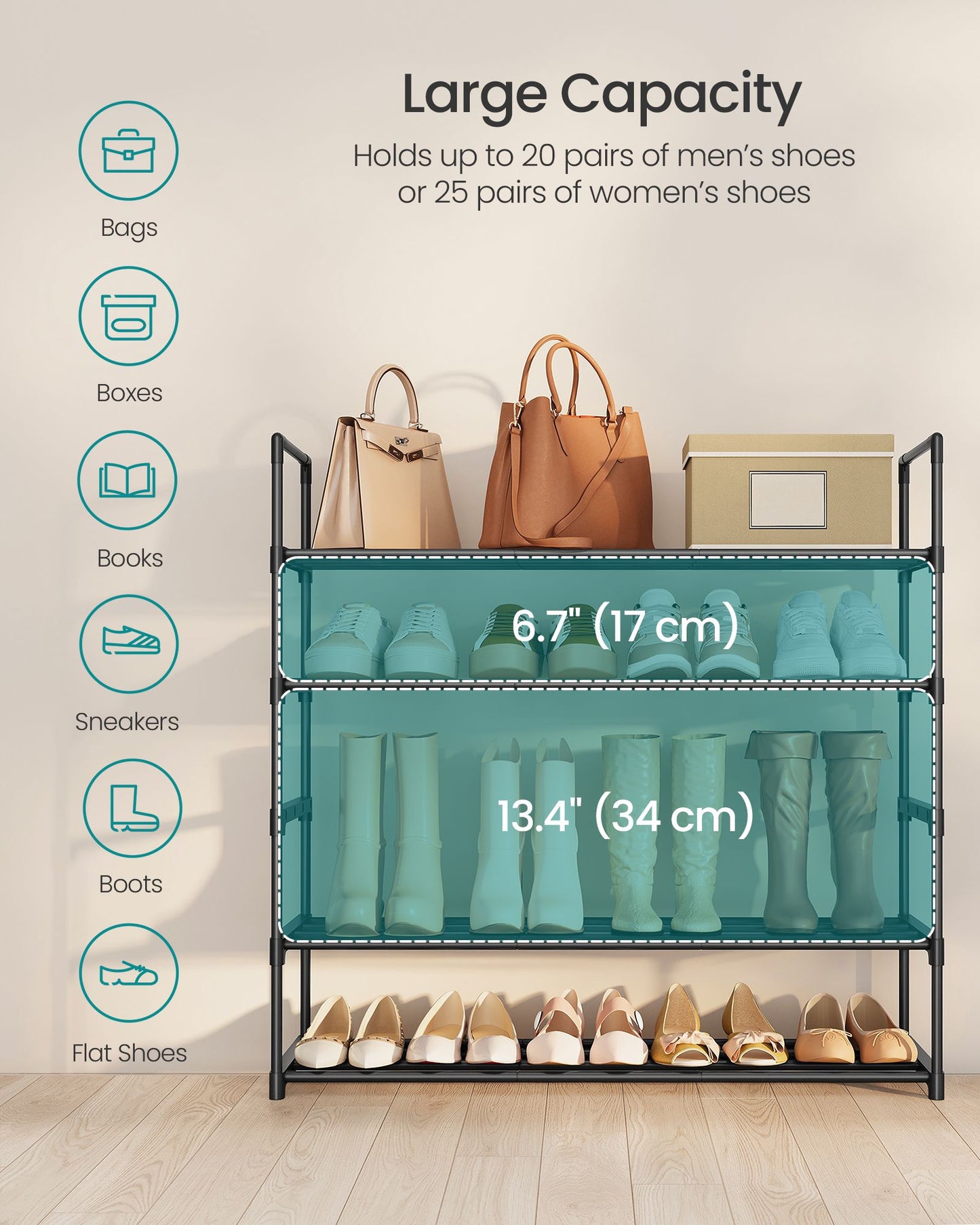 Shoe Rack, 5-Tier Shoe Organizer, Metal Storage Shelf