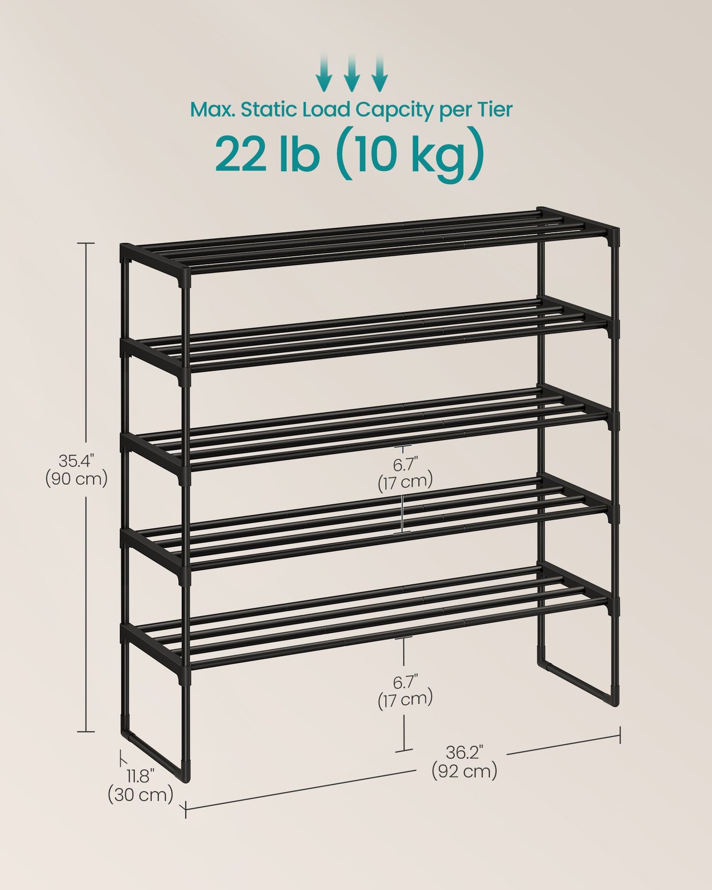 Shoe Rack, 5-Tier Shoe Organizer, Metal Storage Shelf