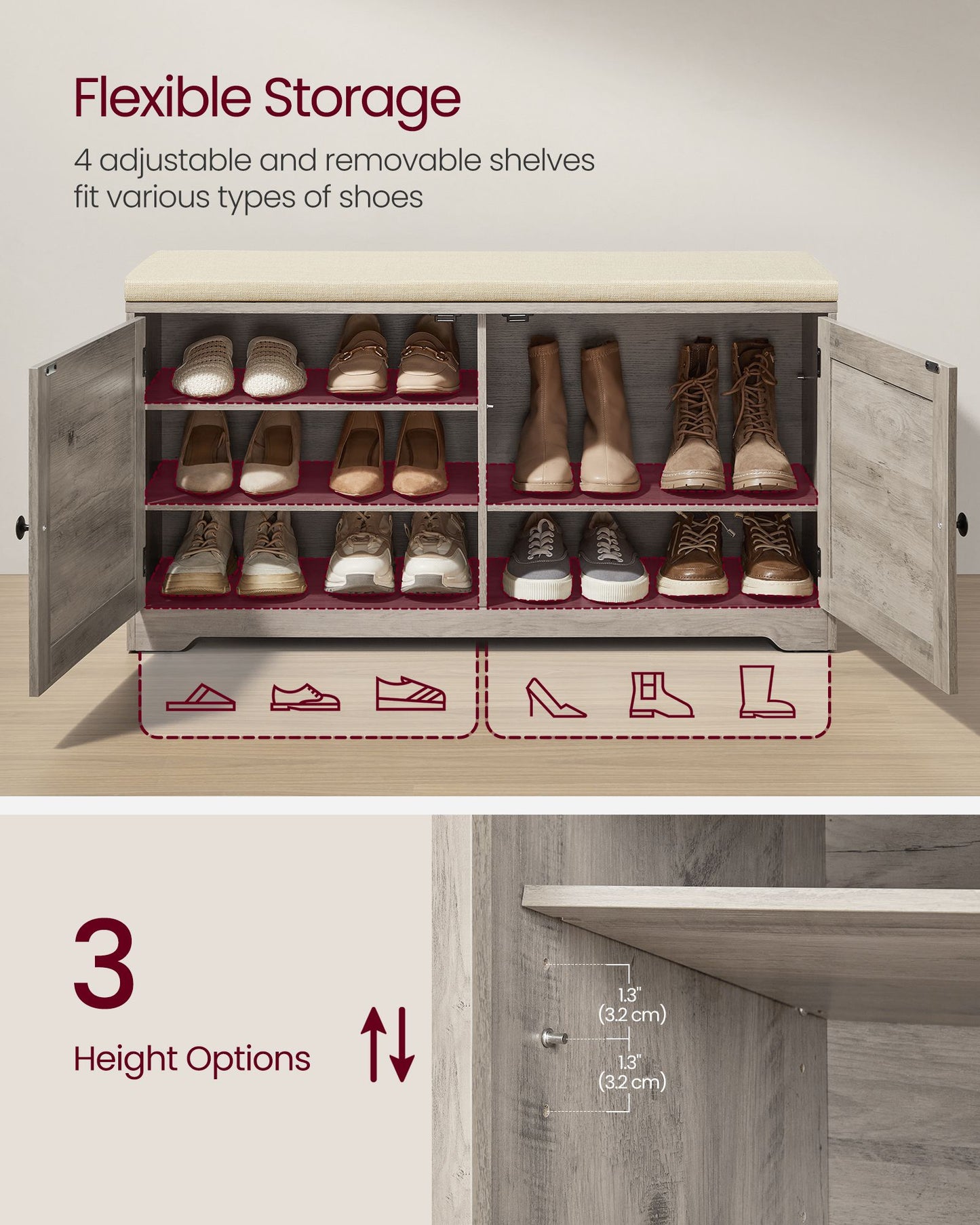 Shoe Storage Bench with Cushion, 3-Tier Entryway Bench with Padded Seat