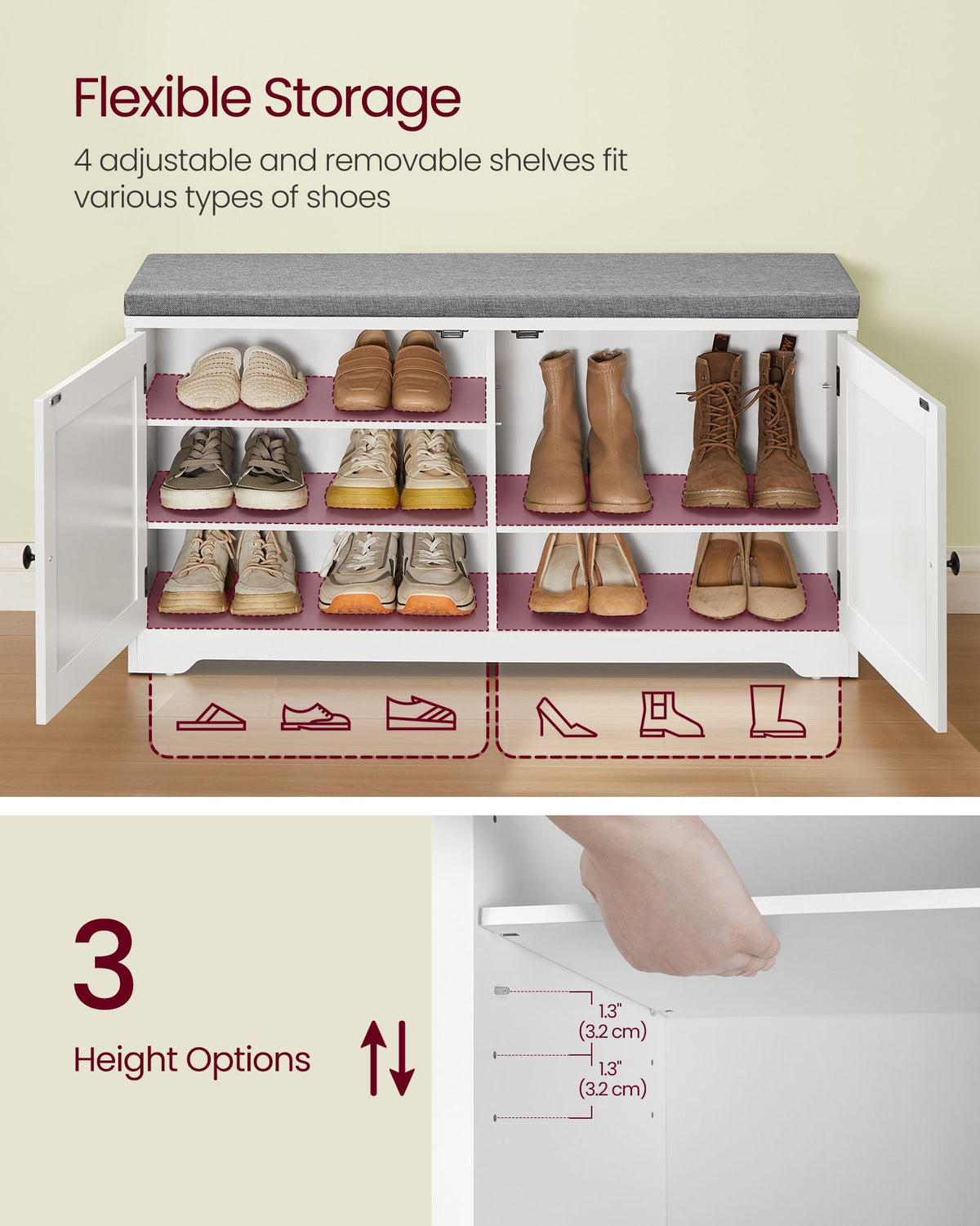 Shoe Storage Bench with Cushion, 3-Tier Entryway Bench with Padded Seat