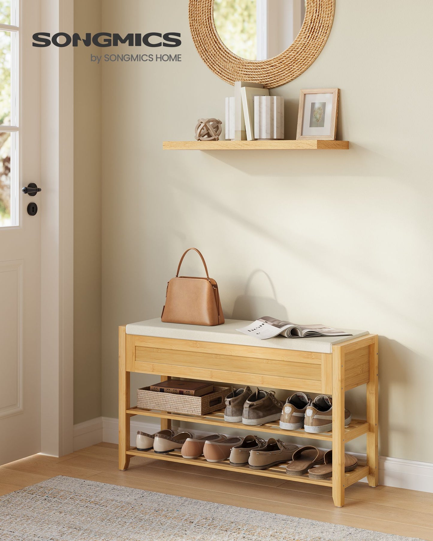 Storage Bench, Bamboo Shoe Rack, Entryway Furniture, 31.5 Inches Wide
