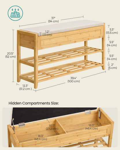 Storage Bench, Bamboo Shoe Rack, Entryway Furniture, 39.4 Inches Wide