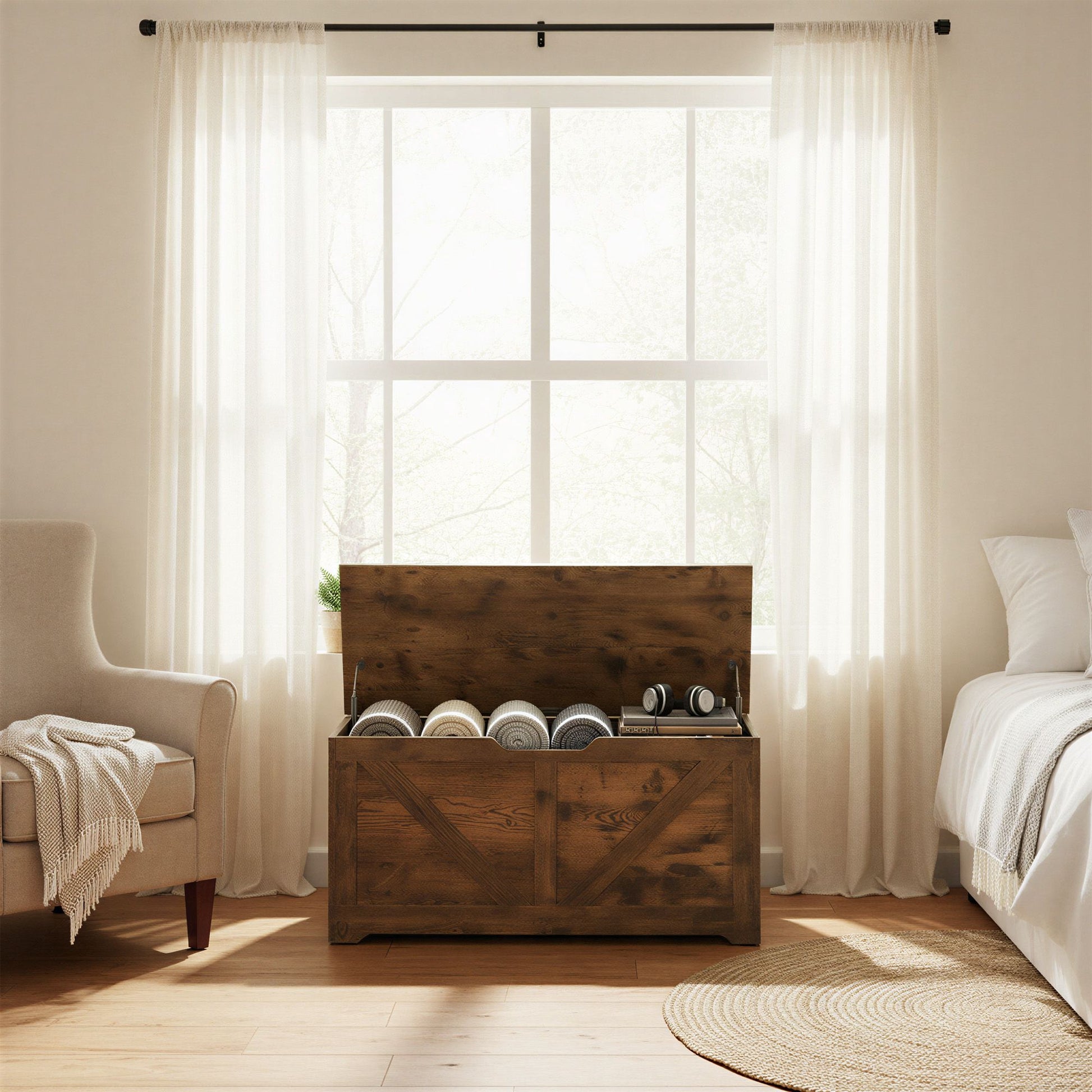 Farmhouse Blanket Storage Box, Shoe Bench with Storage, for Bedroom, Hallway, Living Room, Brown - image 5