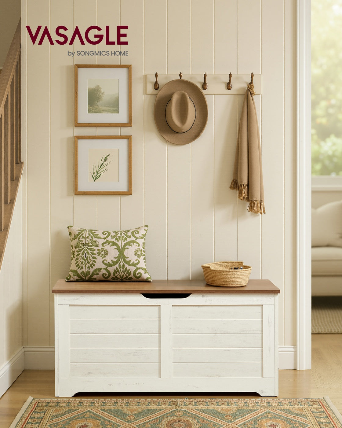 Farmhouse Storage Bench, 40 x 100 x 46 cm, Rustic White and Honey Brown - image 2