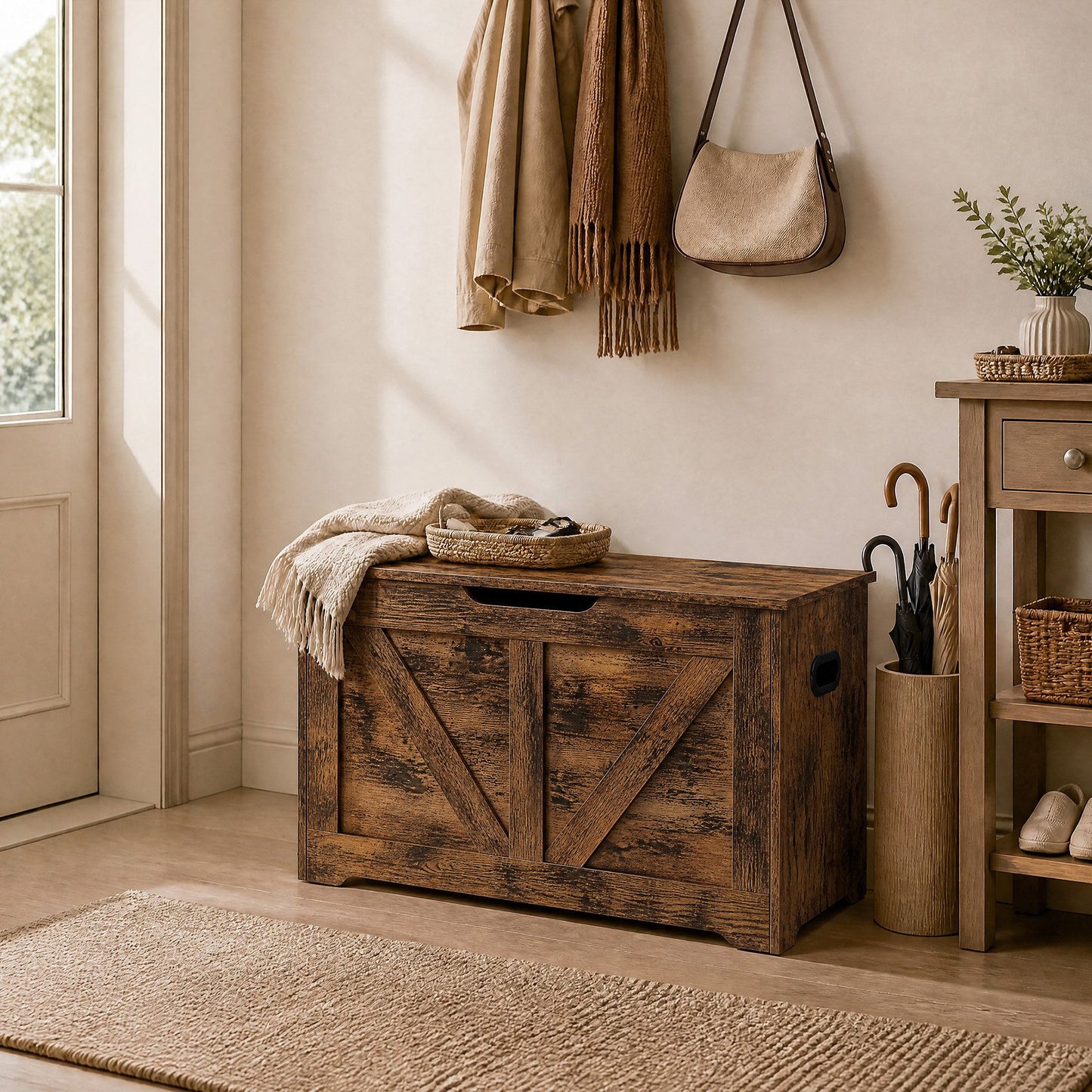 Farmhouse Blanket Storage Box, Shoe Bench with Storage, for Bedroom, Hallway, Living Room, Brown - image 14