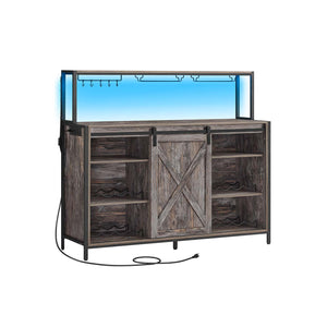 Coffee bar cabinet with power outlet LED light and sliding barn doors