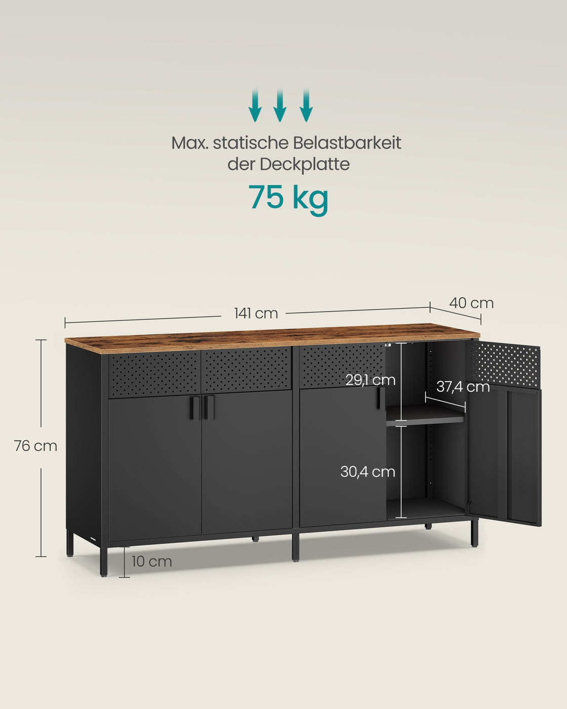 Storage Cabinet Metal Cabinet with 4 Doors 40 x 141 x 76 cm Rustic Brown and Ink Black