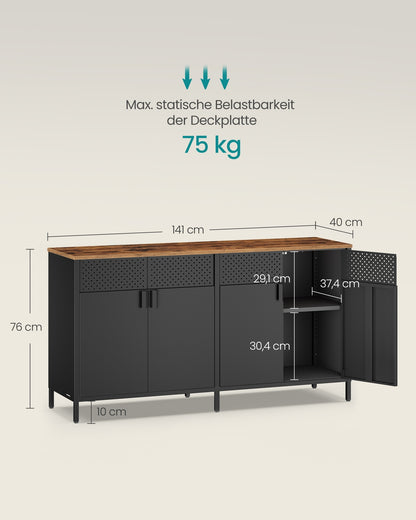 Storage Cabinet Metal Cabinet with 4 Doors 40 x 141 x 76 cm Rustic Brown and Ink Black