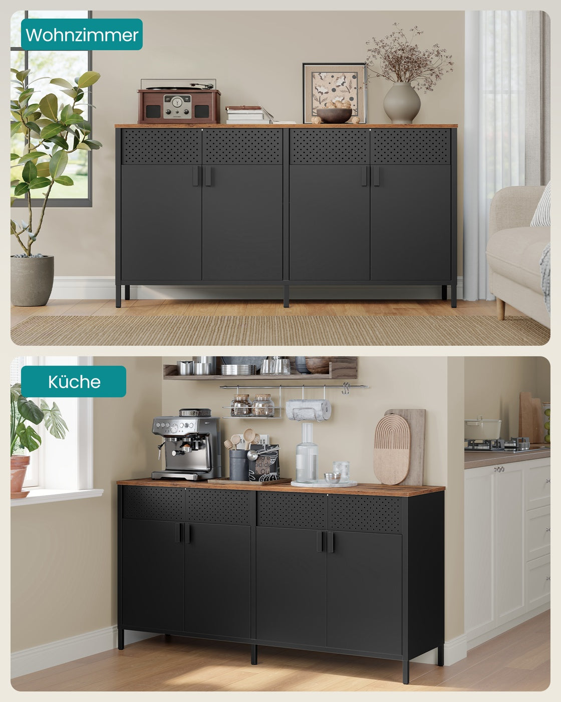 Storage Cabinet Metal Cabinet with 4 Doors 40 x 141 x 76 cm Rustic Brown and Ink Black