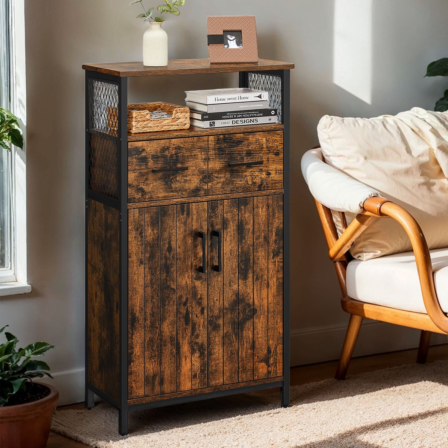 Narrow Bathroom Cabinet, Slim Freestanding Sideboard, for Kitchen or Living Room, Brown and Black - image 1
