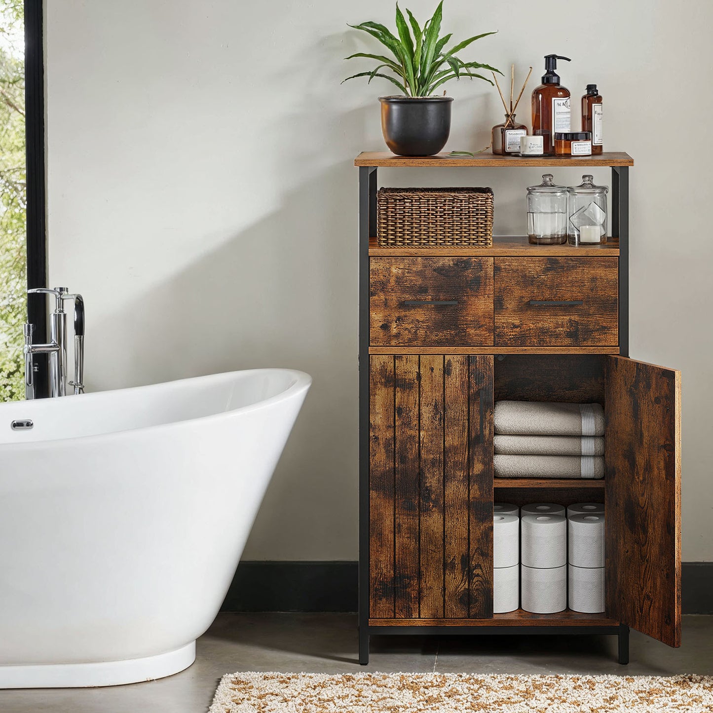 Narrow Bathroom Cabinet, Slim Freestanding Sideboard, for Kitchen or Living Room, Brown and Black - image 2