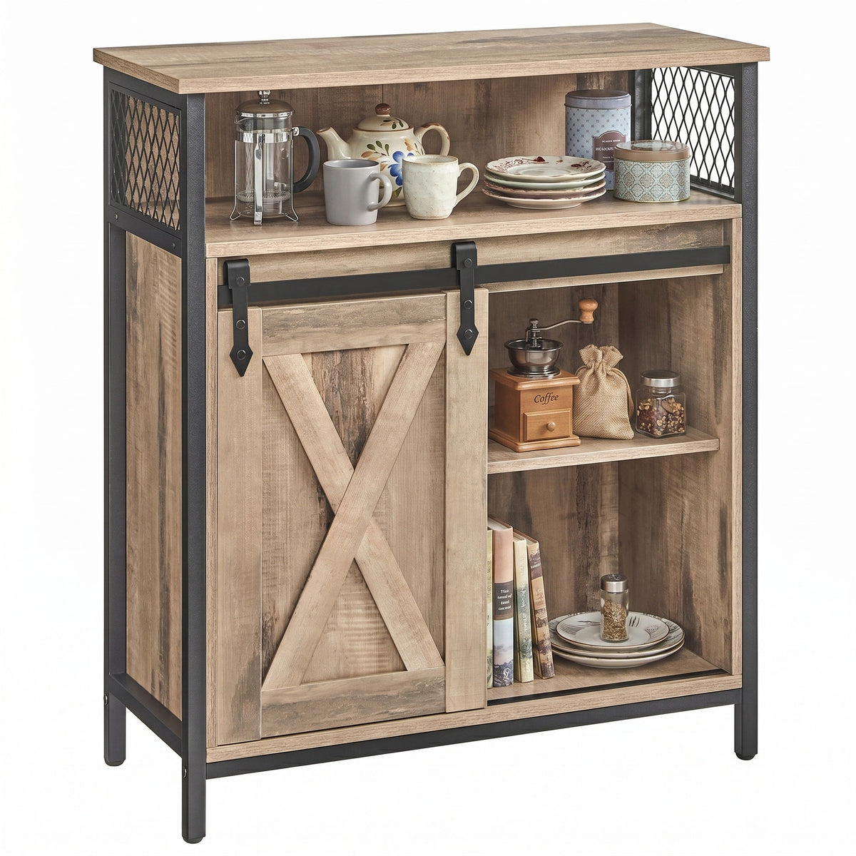 Buffet Cabinet, Sideboard with Open Compartment, Sliding Barn Door